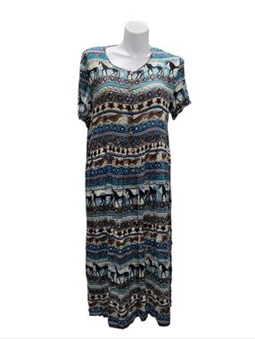 Vintage Mix Nouveau Button-Up Abstract Horses Art Teal Blue Brown Dress
